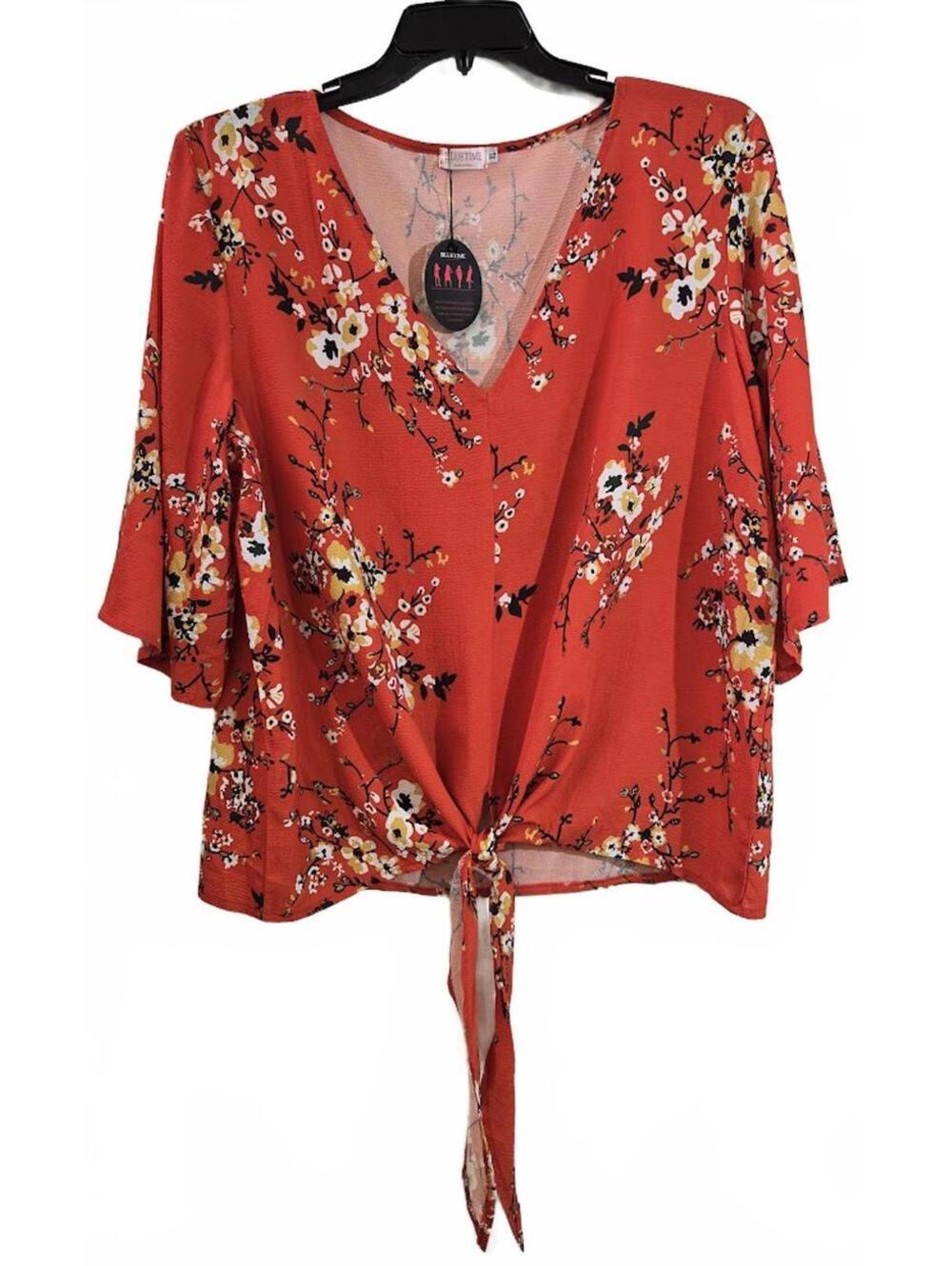 Bluetime Floral Tie-Front Blouse with 3/4 Sleeves
